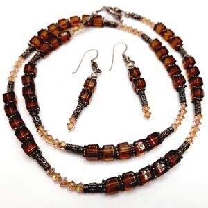 Handcrafted Topaz Crystal Necklace Earrings Set Sterling Silver Wire 23"
